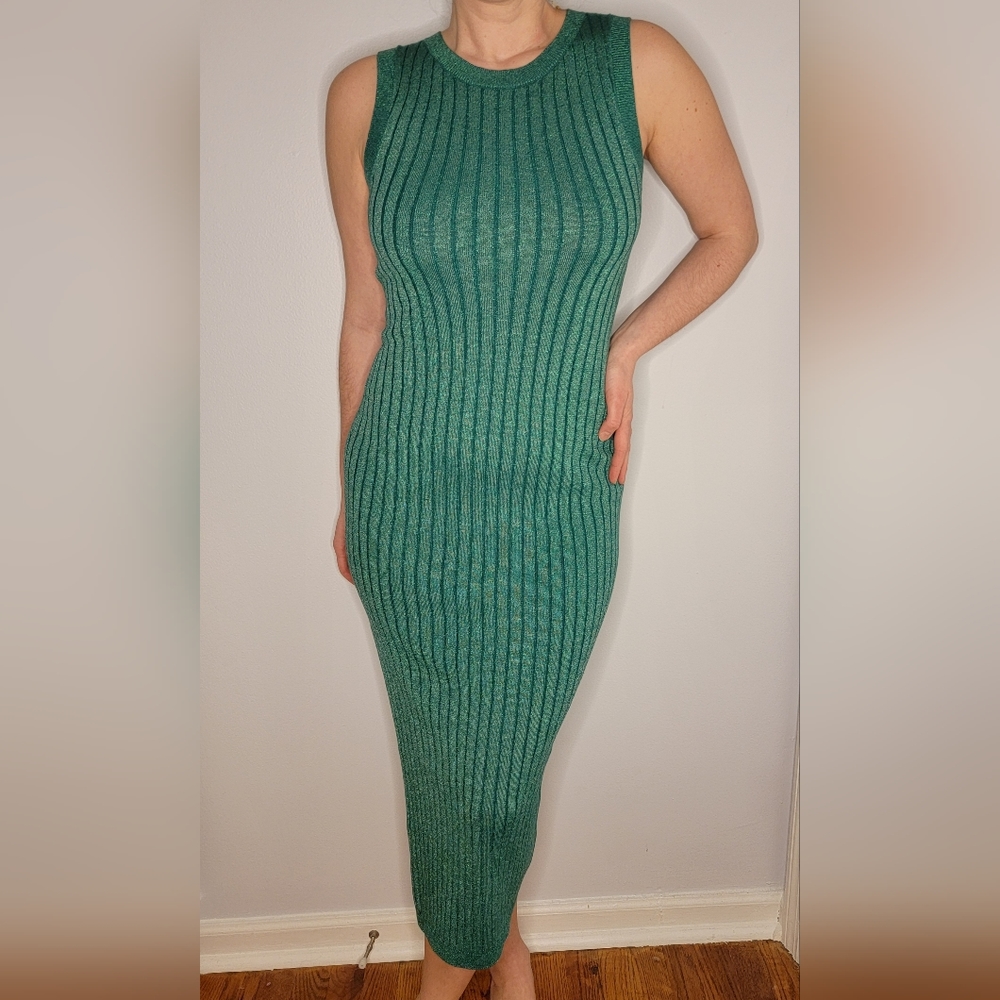 NWT House of Harlow 1960 Aquamarine Green Sparkly Knit Back Cut-Out Midi Dress